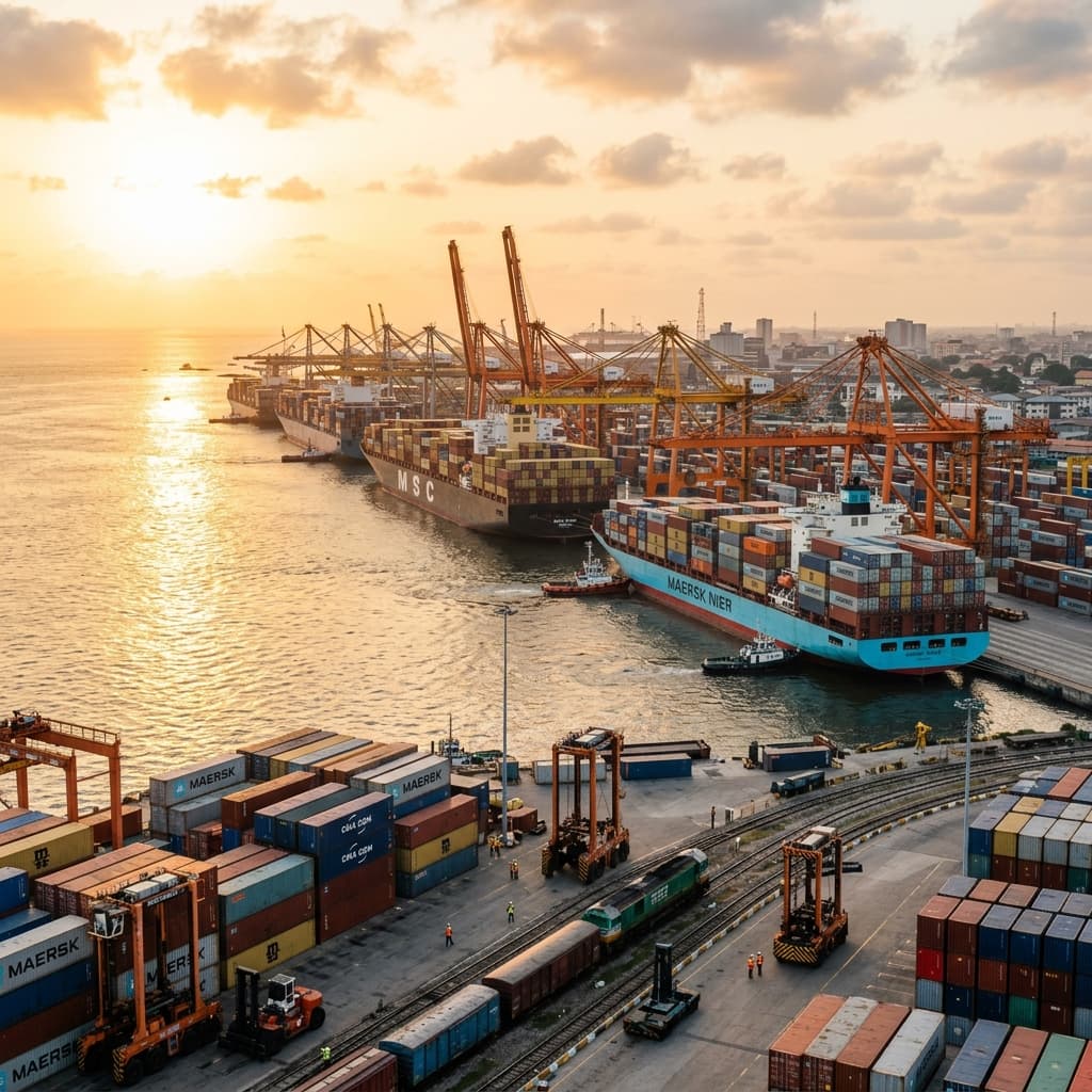 Peaceful commercial container export port in Nigeria at golden sunrise