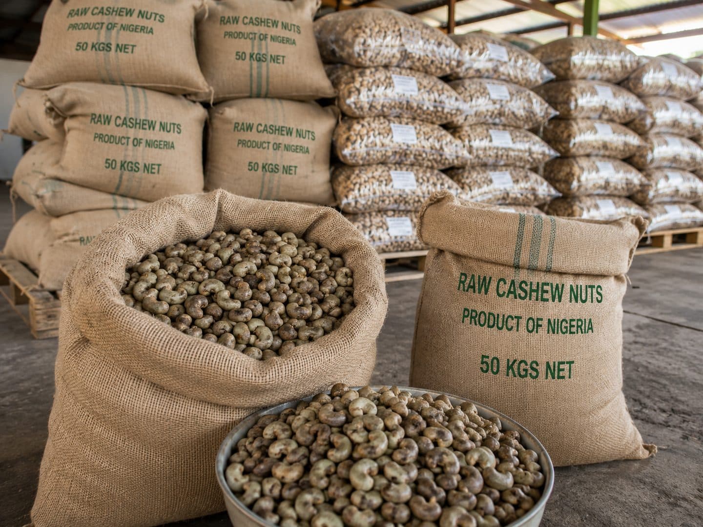 Raw Nigerian cashew nuts packaged in export jute sacks