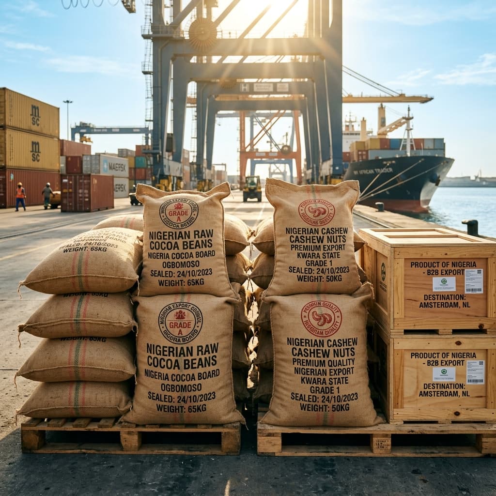 High-grade Nigerian agricultural export commodities ready for container loading under morning light